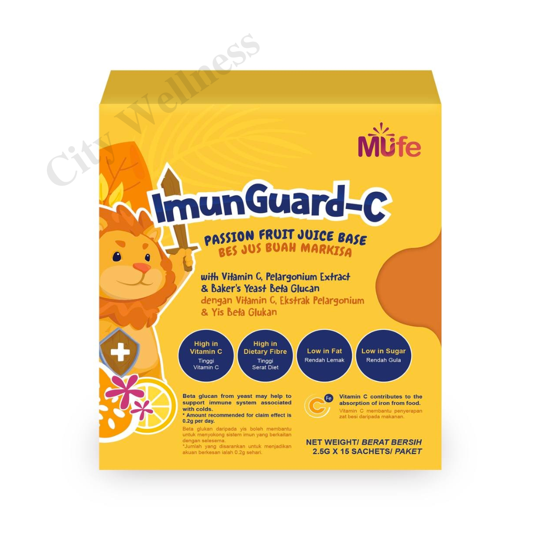 Mufe ImunGuardC 15's for children (with vitamin c, pelargonium extract & baker's yeast beta glucan)